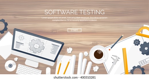 Engineering and architecture design.Flat style.Technical drawing,mechanical engineering.Building construction,trends in design or architecture.Engineering workplace with tools.Industrial architecture.