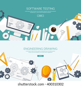 Engineering and architecture design.Flat style.Technical drawing,mechanical engineering.Building construction,trends in design or architecture.Engineering workplace with tools.Industrial architecture.