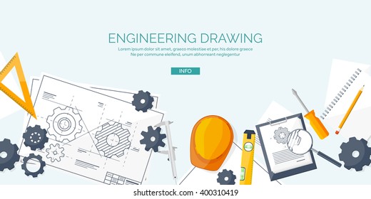 Engineering and architecture design.Flat style.Technical drawing,mechanical engineering.Building construction,trends in design or architecture.Engineering workplace with tools.Industrial architecture.