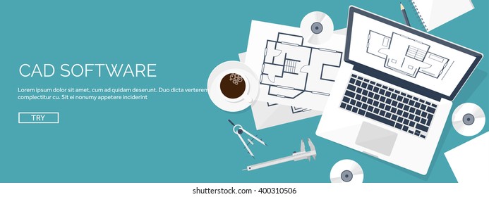 Engineering and architecture design.Flat style.Technical drawing,mechanical engineering.Building construction,trends in design or architecture.Engineering workplace with tools.Industrial architecture.