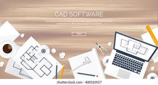 Engineering and architecture design.Flat style.Technical drawing,mechanical engineering.Building construction,trends in design or architecture.Engineering workplace with tools.Industrial architecture.