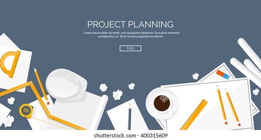 Engineering and architecture design.Flat style.Technical drawing,mechanical engineering.Building construction,trends in design or architecture.Engineering workplace with tools.Industrial architecture.