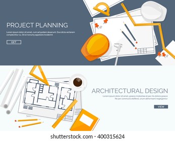 Engineering And Architecture Design.Flat Style.Technical Drawing,mechanical Engineering.Building Construction,trends In Design Or Architecture.Engineering Workplace With Tools.Industrial Architecture.