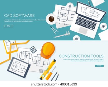 Engineering and architecture design.Flat style.Technical drawing,mechanical engineering.Building construction,trends in design or architecture.Engineering workplace with tools.Industrial architecture.