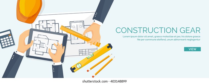Engineering and architecture design.Flat style.Technical drawing,mechanical engineering.Building construction,trends in design or architecture.Engineering workplace with tools.Industrial architecture.