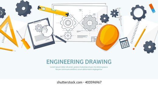 Engineering and architecture design.Flat style.Technical drawing,mechanical engineering.Building construction,trends in design or architecture.Engineering workplace with tools.Industrial architecture.