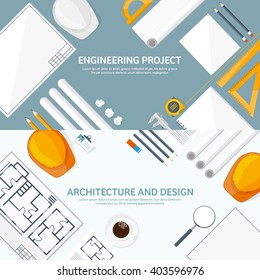 Engineering and architecture design.Flat style.Technical drawing,mechanical engineering.Building construction,trends in design or architecture.Engineering workplace with tools.Industrial architecture.