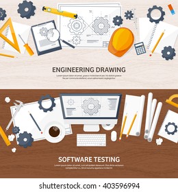 Engineering and architecture design.Flat style.Technical drawing,mechanical engineering.Building construction,trends in design or architecture.Engineering workplace with tools.Industrial architecture.
