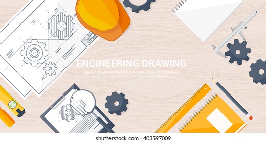 Engineering and architecture design.Flat style.Technical drawing,mechanical engineering.Building construction,trends in design or architecture.Engineering workplace with tools.Industrial architecture.