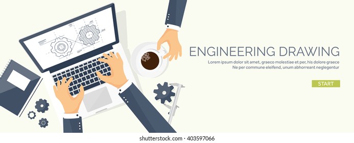 Engineering and architecture design.Flat style.Technical drawing,mechanical engineering.Building construction,trends in design or architecture.Engineering workplace with tools.Industrial architecture.