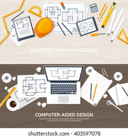 Engineering and architecture design.Flat style.Technical drawing,mechanical engineering.Building construction,trends in design or architecture.Engineering workplace with tools.Industrial architecture.