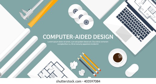 Engineering And Architecture Design.Flat Style.Technical Drawing,mechanical Engineering.Building Construction,trends In Design Or Architecture.Engineering Workplace With Tools.Industrial Architecture.