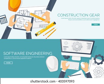 Engineering and architecture design.Flat style.Technical drawing,mechanical engineering.Building construction,trends in design or architecture.Engineering workplace with tools.Industrial architecture.