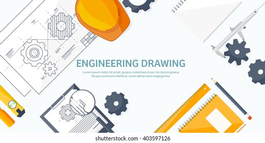 Engineering and architecture design.Flat style.Technical drawing,mechanical engineering.Building construction,trends in design or architecture.Engineering workplace with tools.Industrial architecture.
