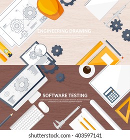 Engineering and architecture design.Flat style.Technical drawing,mechanical engineering.Building construction,trends in design or architecture.Engineering workplace with tools.Industrial architecture.