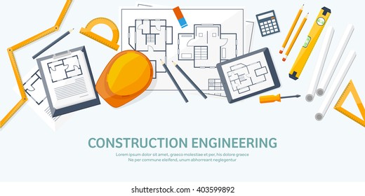 Engineering and architecture design.Flat style.Technical drawing,mechanical engineering.Building construction,trends in design or architecture.Engineering workplace with tools.Industrial architecture.