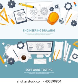 Engineering and architecture design.Flat style.Technical drawing,mechanical engineering.Building construction,trends in design or architecture.Engineering workplace with tools.Industrial architecture.