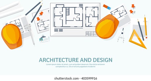 Engineering and architecture design.Flat style.Technical drawing,mechanical engineering.Building construction,trends in design or architecture.Engineering workplace with tools.Industrial architecture.