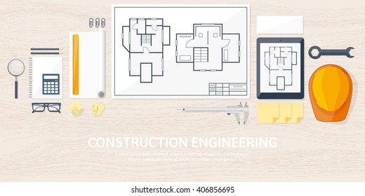 Engineering And Architecture Design.Flat Style.Technical Drawing,mechanical Engineering.Building Construction,trends In Design Or Architecture.Engineering Workplace With Tools.Industrial Architecture.