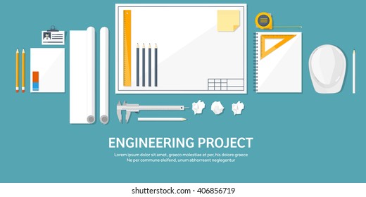 Engineering and architecture design.Flat style.Technical drawing,mechanical engineering.Building construction,trends in design or architecture.Engineering workplace with tools.Industrial architecture.