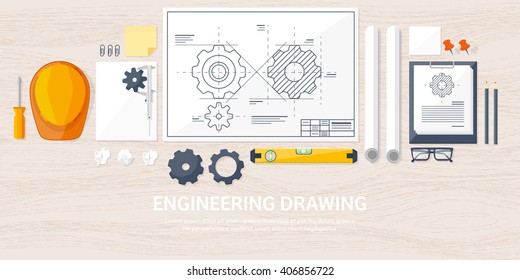 Engineering and architecture design.Flat style.Technical drawing,mechanical engineering.Building construction,trends in design or architecture.Engineering workplace with tools.Industrial architecture.