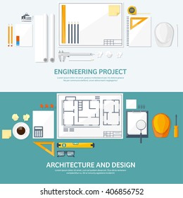 Engineering and architecture design.Flat style.Technical drawing,mechanical engineering.Building construction,trends in design or architecture.Engineering workplace with tools.Industrial architecture.