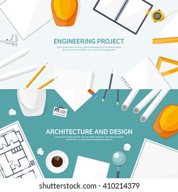 Engineering and architecture design.Flat style.Technical drawing,mechanical engineering.Building construction,trends in design or architecture.Engineering workplace with tools.Industrial architecture.