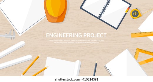 Engineering and architecture design.Flat style.Technical drawing,mechanical engineering.Building construction,trends in design or architecture.Engineering workplace with tools.Industrial architecture.