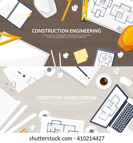 Engineering and architecture design.Flat style.Technical drawing,mechanical engineering.Building construction,trends in design or architecture.Engineering workplace with tools.Industrial architecture.