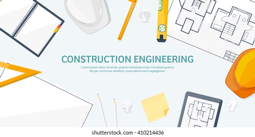 Engineering and architecture design.Flat style.Technical drawing,mechanical engineering.Building construction,trends in design or architecture.Engineering workplace with tools.Industrial architecture.