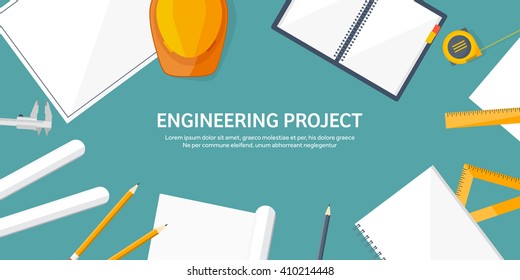 Engineering and architecture design.Flat style.Technical drawing,mechanical engineering.Building construction,trends in design or architecture.Engineering workplace with tools.Industrial architecture.
