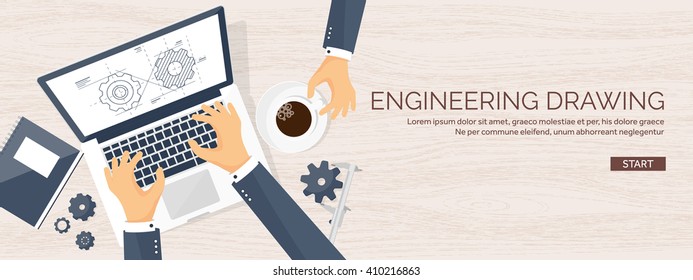 Engineering and architecture design.Flat style.Technical drawing,mechanical engineering.Building construction,trends in design or architecture.Engineering workplace with tools.Industrial architecture.