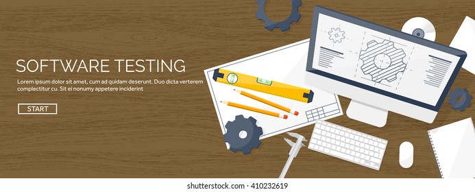 Engineering and architecture design.Flat style.Technical drawing,mechanical engineering.Building construction,trends in design or architecture.Engineering workplace with tools.Industrial architecture.