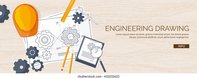 Engineering and architecture design.Flat style.Technical drawing,mechanical engineering.Building construction,trends in design or architecture.Engineering workplace with tools.Industrial architecture.