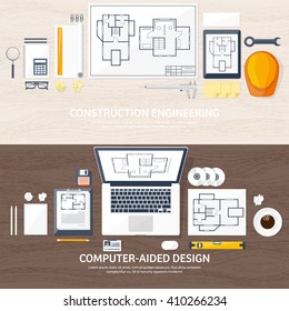 Engineering and architecture design.Flat style.Technical drawing,mechanical engineering.Building construction,trends in design or architecture.Engineering workplace with tools.Industrial architecture.