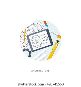 Engineering and architecture design.Flat style.Technical drawing,mechanical engineering.Building construction,trends in design or architecture.Engineering workplace with tools.Industrial architecture.