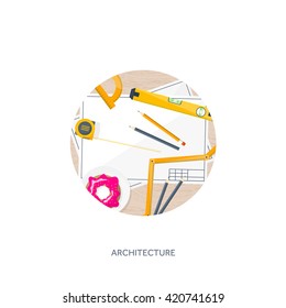 Engineering and architecture design.Flat style.Technical drawing,mechanical engineering.Building construction,trends in design or architecture.Engineering workplace with tools.Industrial architecture.