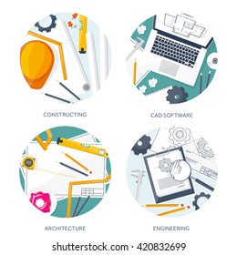 Engineering and architecture design.Flat style.Technical drawing,mechanical engineering.Building construction,trends in design or architecture.Engineering workplace with tools.Industrial architecture.