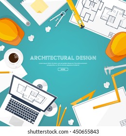 Engineering and architecture design.Flat style.Technical drawing,mechanical engineering.Building construction,trends in design or architecture.Engineering workplace with tools.Industrial architecture.