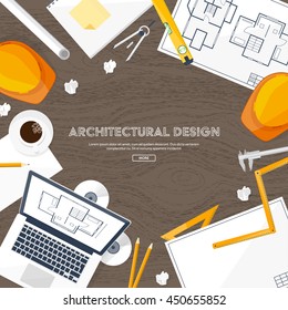 Engineering and architecture design.Flat style.Technical drawing,mechanical engineering.Building construction,trends in design or architecture.Engineering workplace with tools.Industrial architecture.