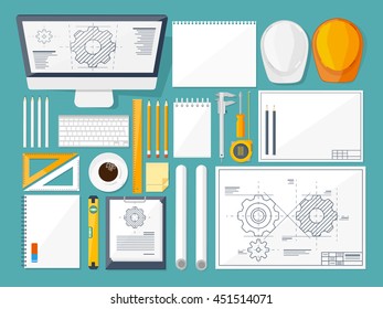 Engineering and architecture design.Flat style.Technical drawing,mechanical engineering.Building construction,trends in design or architecture.Engineering workplace with tools.Industrial architecture.