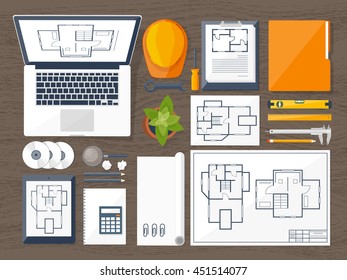 Engineering and architecture design.Flat style.Technical drawing,mechanical engineering.Building construction,trends in design or architecture.Engineering workplace with tools.Industrial architecture.