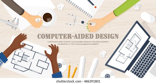 Engineering and architecture design.Flat style.Technical drawing,mechanical engineering.Building construction,trends in design or architecture.Engineering workplace with tools.Industrial architecture.