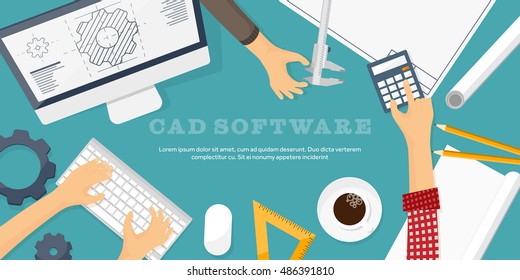 Engineering and architecture design.Flat style.Technical drawing,mechanical engineering.Building construction,trends in design or architecture.Engineering workplace with tools.Industrial architecture.