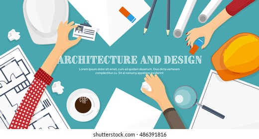 Engineering and architecture design.Flat style.Technical drawing,mechanical engineering.Building construction,trends in design or architecture.Engineering workplace with tools.Industrial architecture.