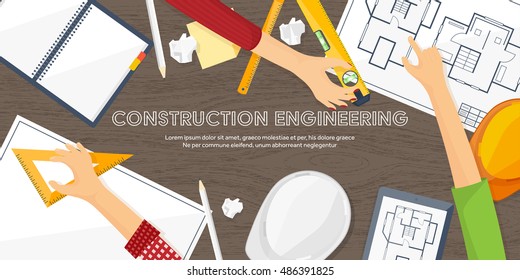 Engineering and architecture design.Flat style.Technical drawing,mechanical engineering.Building construction,trends in design or architecture.Engineering workplace with tools.Industrial architecture.
