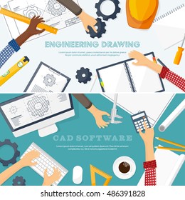 Engineering and architecture design.Flat style.Technical drawing,mechanical engineering.Building construction,trends in design or architecture.Engineering workplace with tools.Industrial architecture.