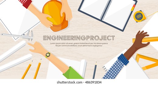 Engineering and architecture design.Flat style.Technical drawing,mechanical engineering.Building construction,trends in design or architecture.Engineering workplace with tools.Industrial architecture.