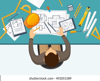 Engineering and architecture design.Flat style.Technical drawing,mechanical engineering.Building construction,trends in design or architecture.Engineering workplace with tools.Industrial architecture.