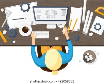 Engineering and architecture design.Flat style.Technical drawing,mechanical engineering.Building construction,trends in design or architecture.Engineering workplace with tools.Industrial architecture.